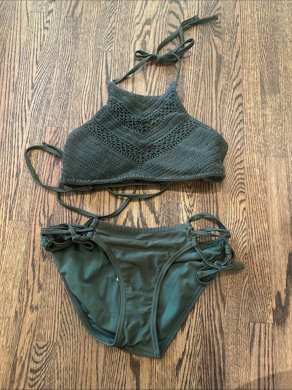 Crochet High Neck Bikini Set in Deep Green